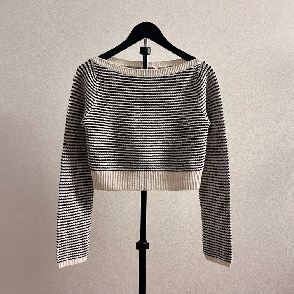 Reformation Chloe Cashmere Linen Black Cream Striped Boatneck Sweater Size S